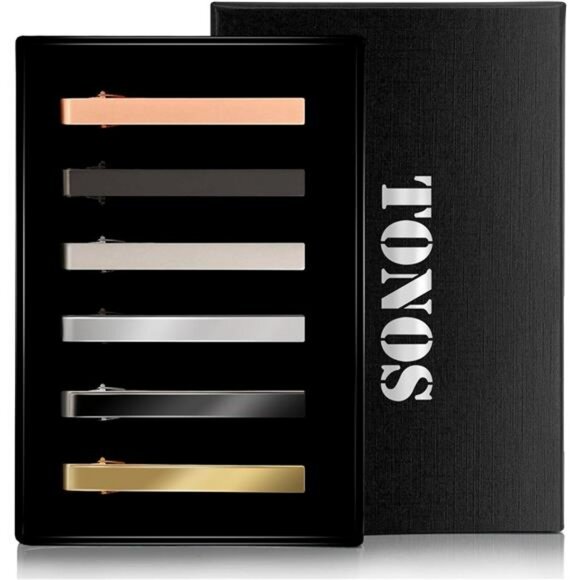 Mens Tie Clip Set 6 Pack Silver Gold Black Tie Bars for Suit Wedding Gift - Picture 1 of 7